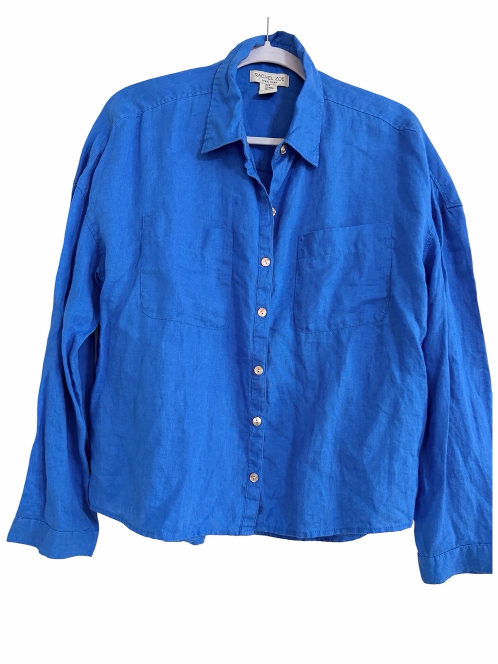 Rachel Zoe Linen Casual Button-Down Shirt in Royal Blue